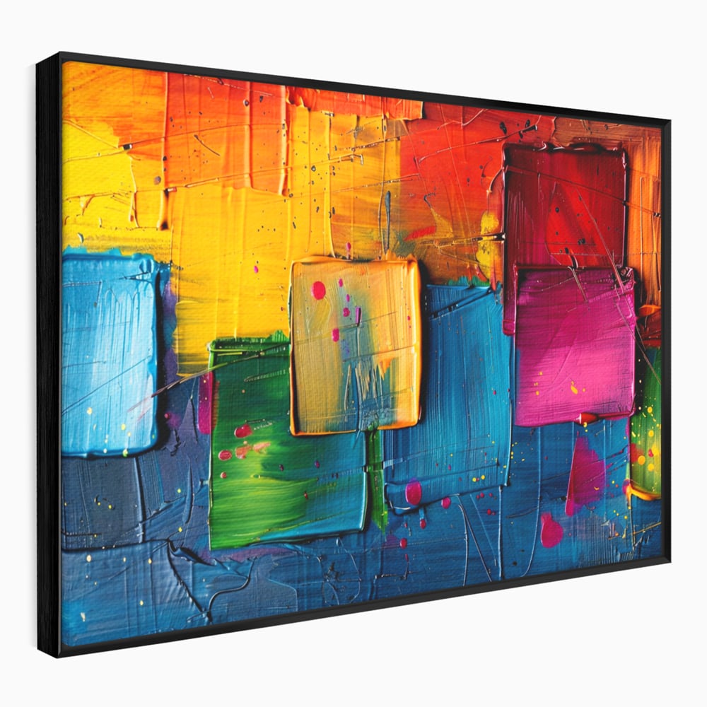 Tablou canvas cu pictura abstracta cu patrate colorate in relief, in rama de aluminiu negru